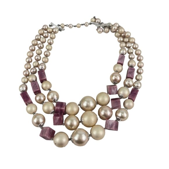 Vintage Three-Strand Pearl & Amethyst Bead Necklace retro 1950s - Picture 6 of 7